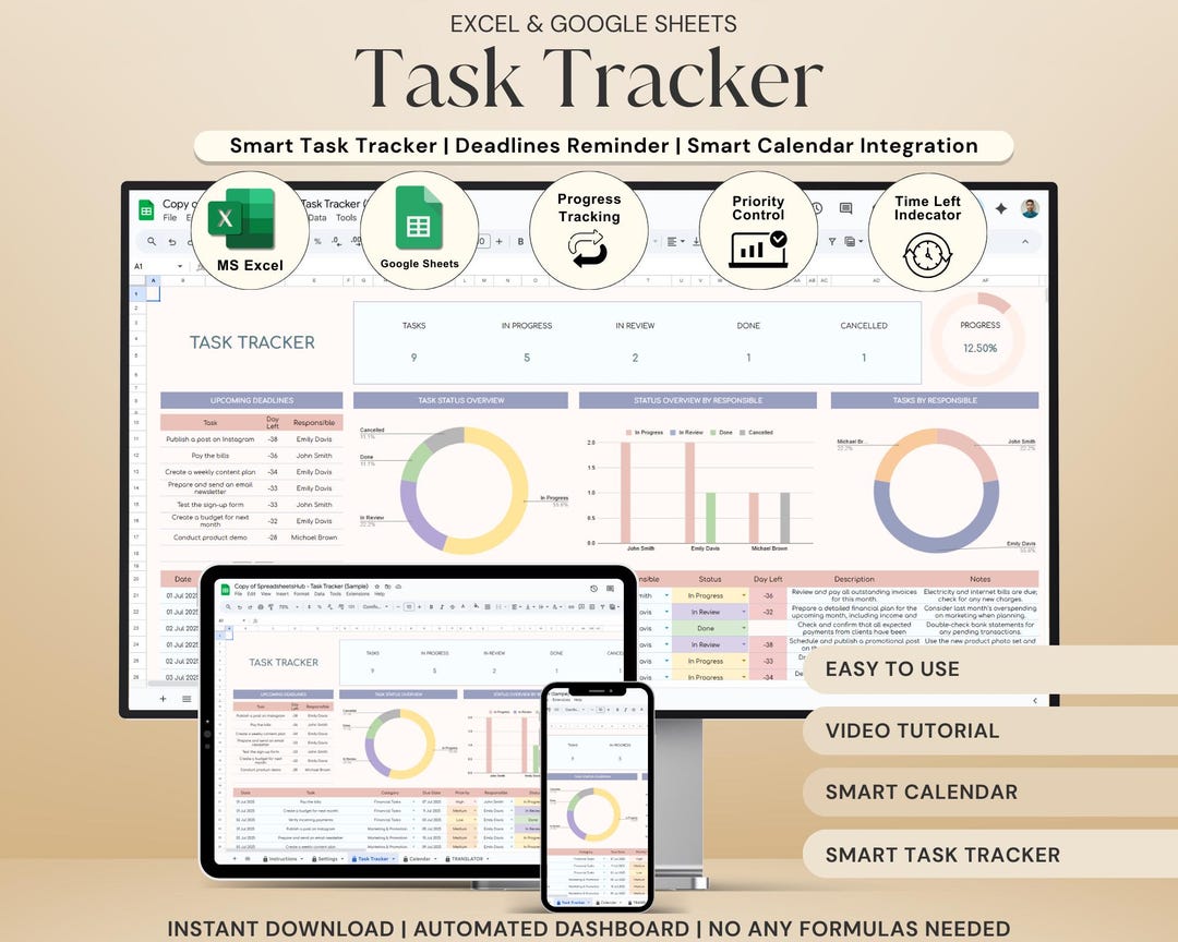 Task Tracker Spreadsheet: Google Sheets & Excel To-do List (digital ...