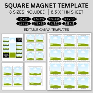 Peut inclure: Une feuille de modèle blanche avec plusieurs modèles d'aimants carrés. Le texte "SQUARE MAGNET TEMPLATE" et "8 SIZES INCLUDED" sont en haut. Comprend des tailles comme 5,08x5,08 cm, 6,35x6,35 cm et 6,35x20,32 cm. Le texte "EDITABLE CANVA TEMPLATES" est également inclus.