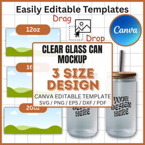 Può includere: Immagine di mockup di una lattina di vetro trasparente con coperchio in legno e cannuccia in metallo. L'immagine include il testo "CLEAR GLASS CAN MOCKUP" e "3 SIZE DESIGN". È visibile anche il testo "YOUR DESIGN HERE".