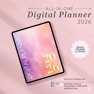May include: A digital planner for 2026 displayed on a tablet. The screen shows a watercolor design in pink, purple, and orange. Text includes "ALL-IN-ONE Digital Planner 2026", "DIGITAL PLANNER", and "BONUS STICKERS & COVERS".