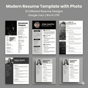 Könnte beinhalten: Eine Sammlung moderner Lebenslaufvorlagen mit Fotooptionen. Die Designs sind in Schwarzweiß gehalten und verfügen über Abschnitte für Kontaktdaten, Fähigkeiten, Erfahrung und Ausbildung. Der Text enthält Namen wie Emmanuel Vazquez und Samantha Brown.