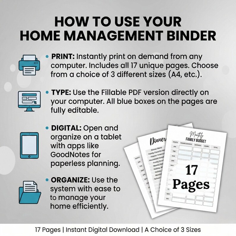 Printable Home Management Binder | Household Organizer | Family Budget ...