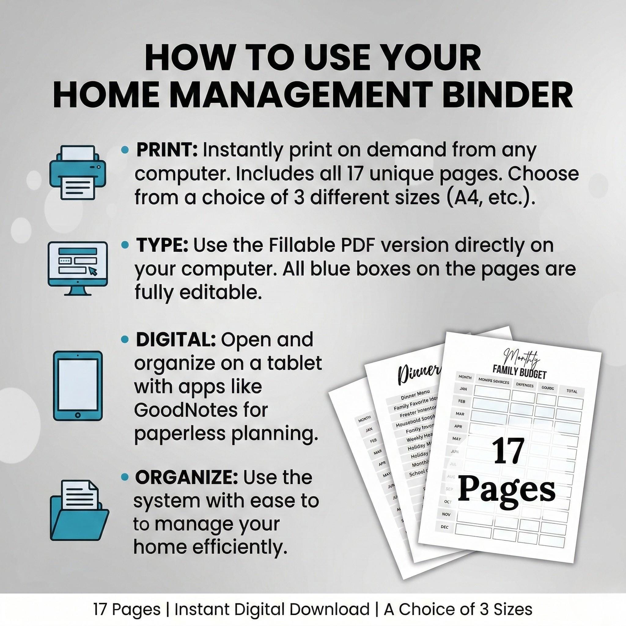 Printable Home Management Binder | Household Organizer | Family Budget ...