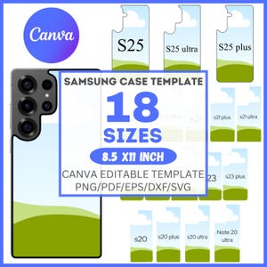 以下が含まれることがあります： Canva 用の Samsung ケーステンプレート。18 サイズあり、S25、S25 Ultra、S25 Plus などのさまざまな電話モデルのデザインが含まれています。テンプレートは 21.59 x 27.94 cm で、PNG、PDF、EPS、DXF、SVG 形式で利用できます。