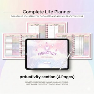 May include: A Complete Life Planner with a pink and white design. The image shows a tablet with a stylus, surrounded by open notebooks. The tablet displays the word "PRODUCTIVITY" and the phrase "MORE PROGRESS DAILY". The notebooks have habit trackers and daily schedules.