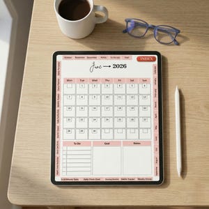 May include: A digital calendar for June 2026 displayed on a tablet, featuring a pink and white design. The calendar includes sections for to-do lists, goals, and notes. A white stylus and a cup of coffee are also visible.