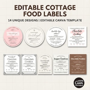 Può includere: Una collezione di etichette alimentari cottage modificabili con 14 design unici. Le etichette presentano vari design per articoli come pasta madre, biscotti con gocce di cioccolato e biscotti allo zucchero. Personalizzabile con Canva.
