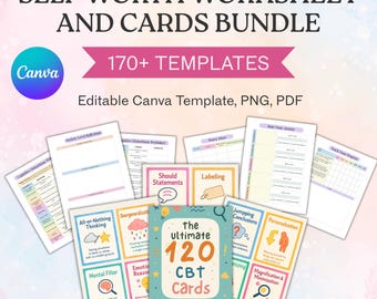 Self Worth Worksheet and CBT Cards Bundle, Self Esteem Therapy Workbook Canva