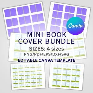 Op de afbeelding: Vier sjablonen voor mini-boekcovers worden getoond. Het ontwerp bevat een paars en wit rasterpatroon en een landschapsafbeelding. Tekst bevat "MINI BOOK COVER BUNDLE" en "EDITABLE CANVA TEMPLATE". Er is ook een Canva-logo aanwezig.