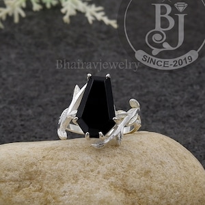 Art Deco Coffin Ring, Sterling Silver Black Onyx 10x15 mm Gemstone Coffin Ring, Leaf Coffin Ring, Antique Ring, Wedding Ring, Men Women Ring