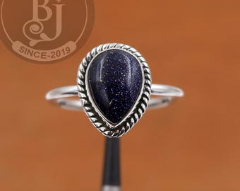 Sterling Silver Blue Sandstone Ring - Minimalist Boho Jewelry