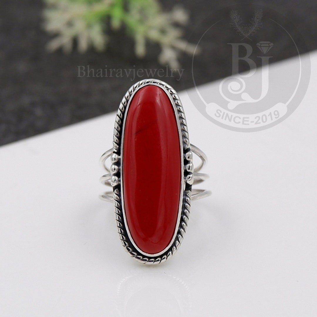 Handmade Sterling Silver Red Coral Ring: Long Oval Boho Jewelry - Etsy