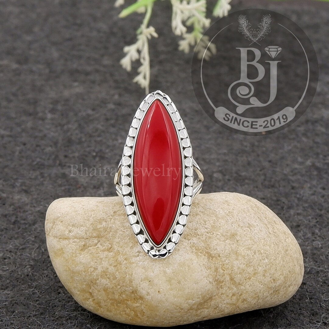 Handmade Sterling Silver Red Coral Ring: Long Oval Gemstone - Etsy