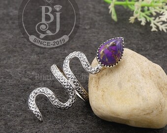 Sterling Silver Snake Ring: Purple Copper Turquoise Serpent Jewelry