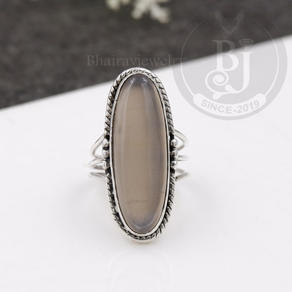 Gray Moonstone Ring - Sterling Silver Long Oval Ring - Silver Ring With Stone - Ring for Gift - Everyday Ring - Promise Ring - Unique Ring