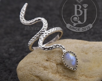 Sterling Silver Rainbow Moonstone Snake Ring, Serpent Jewelry