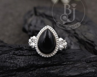Amazing Black Onyx Sterling Silver Ring - 925 Sterling Silver Black Onyx Pear 10x14 mm Ring - Boho Silver Ring - Gift for Her
