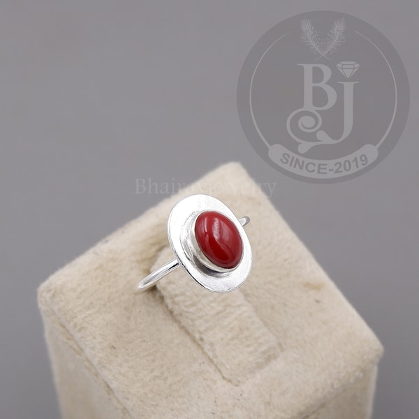 Red Coral Ring - 925 Sterling Silver Red Coral Oval Gemstone Ring - Bohemain Ring - Silver Ring - Statement Ring - Beautiful Ring