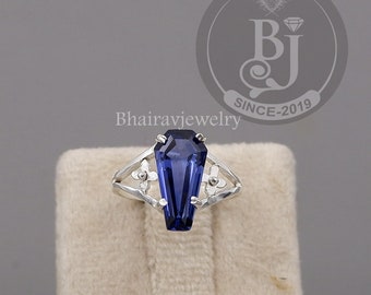 Lab Grown Blue Sapphire Ring, 925 Sterling Silver Blue Sapphire Coffin Ring, Birthstone Ring, Beautiful Ring, Flower Ring, Sapphire Jewelry