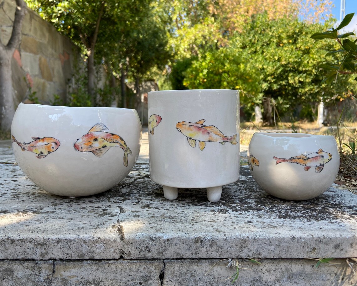 Koi fish planter set of 3 Ceramic succulent pot Footed Etsy