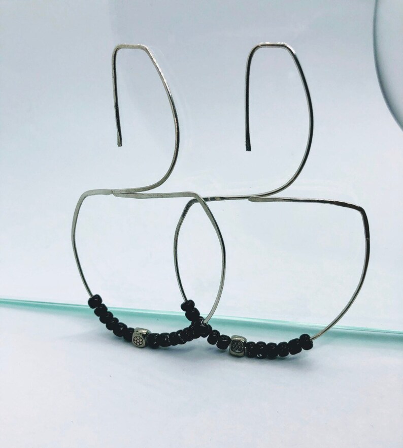 Handmade Wire Earrings Statement Earrings Large Sterling Silver Hoops Beaded Hoop Threader Arc Brutalist Art Deco On Trend Earrings