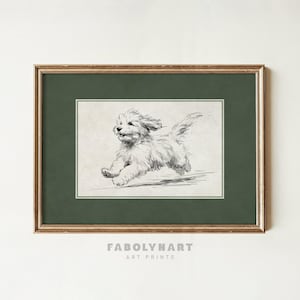 May include: A framed art print featuring a sketch of a fluffy white dog in mid-run. The artwork is set against a dark green background within a gold-colored frame. The text "FABOLYNART ART PRINTS" is printed at the bottom of the image.