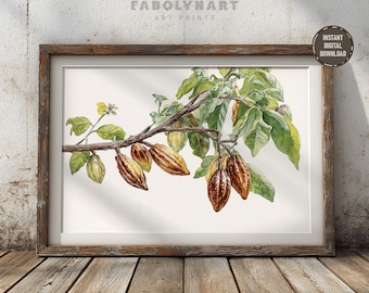 Printable Brown Cocoa Wall Art Print, Cocoa Plant Watercolor Painting, Botanical Decor, Digital Download