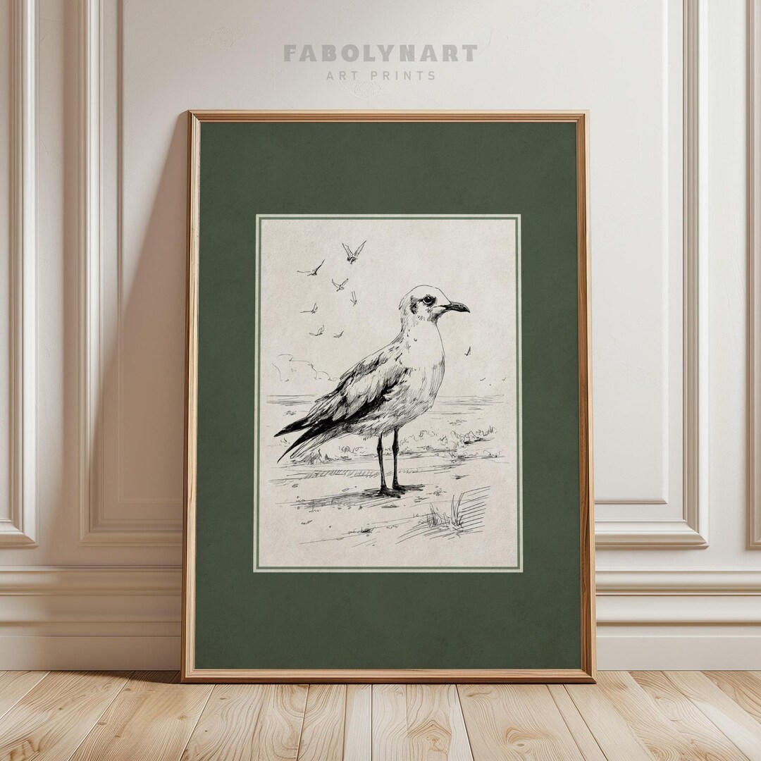Vintage Seagull Wall Art, Coastal Bird Sketch Print, Sage Green Beach ...