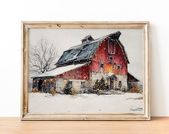 Rustic Christmas Barn Print, Winter Wall Art, Farmhouse Scene Watercolor Painting, Snowy Landscape Art