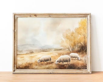 Fall Vintage Sheep Art Print, Autumn Farm Animal Wall Art, Rustic Sheep Watercolor Painting, Country Farmscape