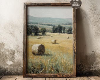 Impresión artística de pared imprimible de fardos de heno vintage en un campo de cultivo, pintura al óleo rústica, decoración retro de granja, paisaje campestre.