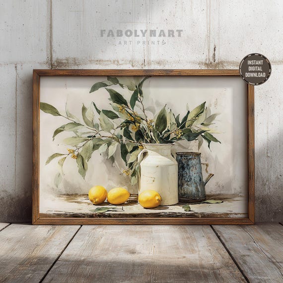 Printable Vintage Yellow Lemon Wall Art Print, Rustic Still Life Oil Painting, Farmhouse Kitchen Decor, Digital Download