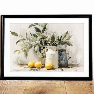 Printable Vintage Yellow Lemon Wall Art Print, Rustic Still Life Oil Painting, Farmhouse Kitchen Decor, Digital Download image 6