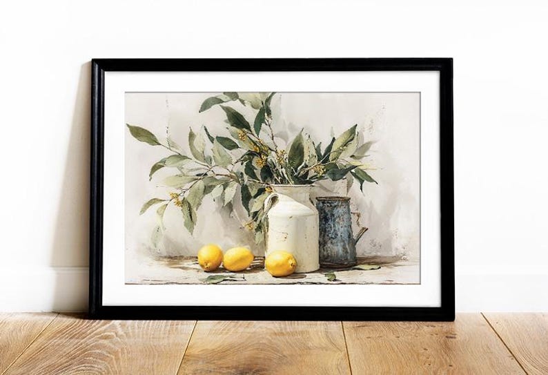 Printable Vintage Yellow Lemon Wall Art Print, Rustic Still Life Oil Painting, Farmhouse Kitchen Decor, Digital Download image 6