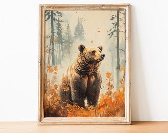 Fall Brown Bear Print, Vintage Wild Animal Wall Art, Rustic Autumn Forest Painting