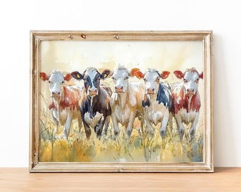 Cows Art Print, Farm Animal Wall Art, Rustic Cows Watercolor Painting, Country Cows Artwork