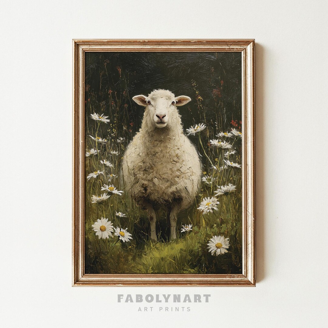 Vintage Sheep Wall Art Print, Floral Farm Animal Painting, Moody ...