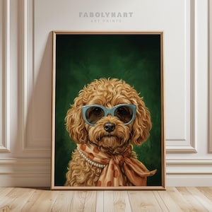 May include: A framed art print featuring a stylish dog wearing blue sunglasses, a pearl necklace, and a scarf with a polka dot pattern. The dog has curly brown fur and is set against a dark green background. The text "FABOLYNART ART PRINTS" is at the top.