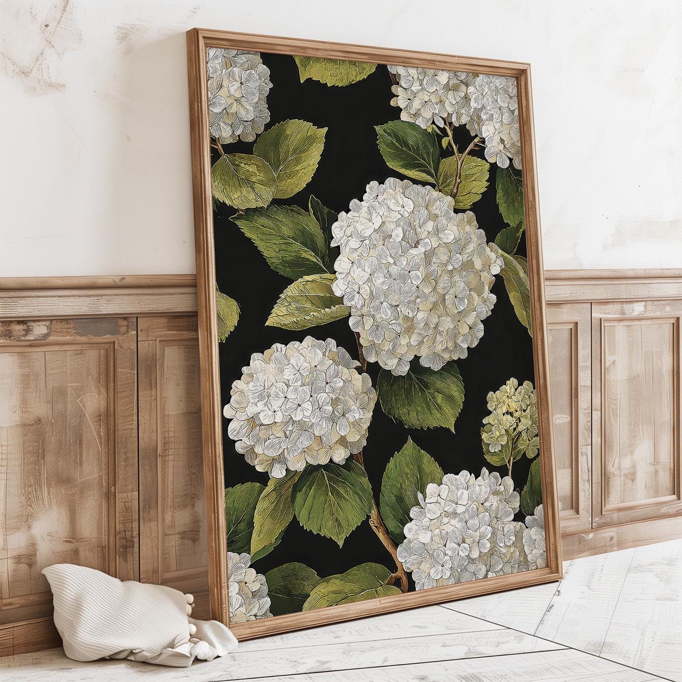 White Hydrangeas Wall Art Print, Floral Painting, Dark Botanical Decor ...