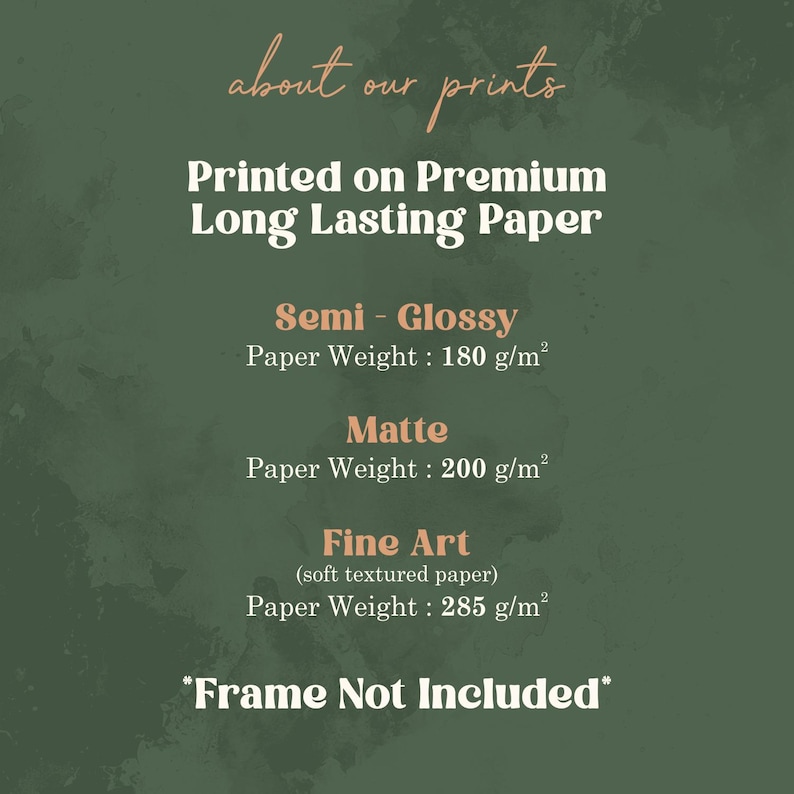 Print paper options: Semi-Glossy 180 g/m², Matte 200 g/m², Fine Art 285 g/m². Frame not included.