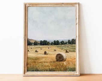 Vintage Field of Hay Bales Wall Art Print, Rustic Oil Painting, Retro Farmhouse Decor, Countryside Farm Landscape