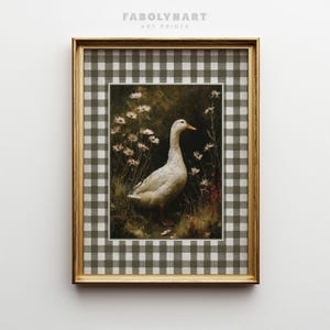 Vintage Goose Print, Moody Geese Wall Art, Neutral Dark Academia Home Decor, Rustic Gingham Art image 3