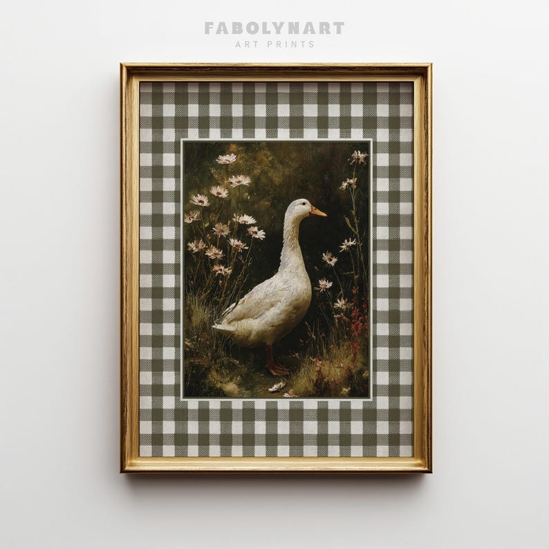 Vintage Goose Print, Moody Geese Wall Art, Neutral Dark Academia Home Decor, Rustic Gingham Art image 3