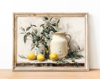 Vintage Lemon Wall Art Print, Rustic Still Life Oil Painting, Farmhouse Kitchen Decor