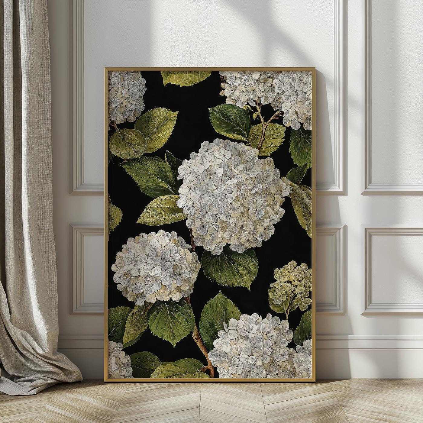 White Hydrangeas Wall Art Print, Floral Painting, Dark Botanical Decor ...
