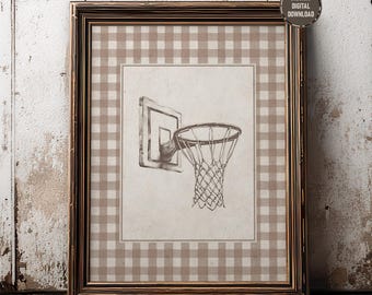 Afdrukbare vintage basketbalring muurkunst print, rustiek pastel sport decor, retro schets print, digitale download