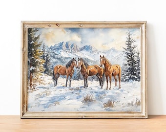 Winter Three Horses Print, Snowy Landscape Wall Art, Rustic Wild Horses Watercolor Painting, Cozy Mountain Forest