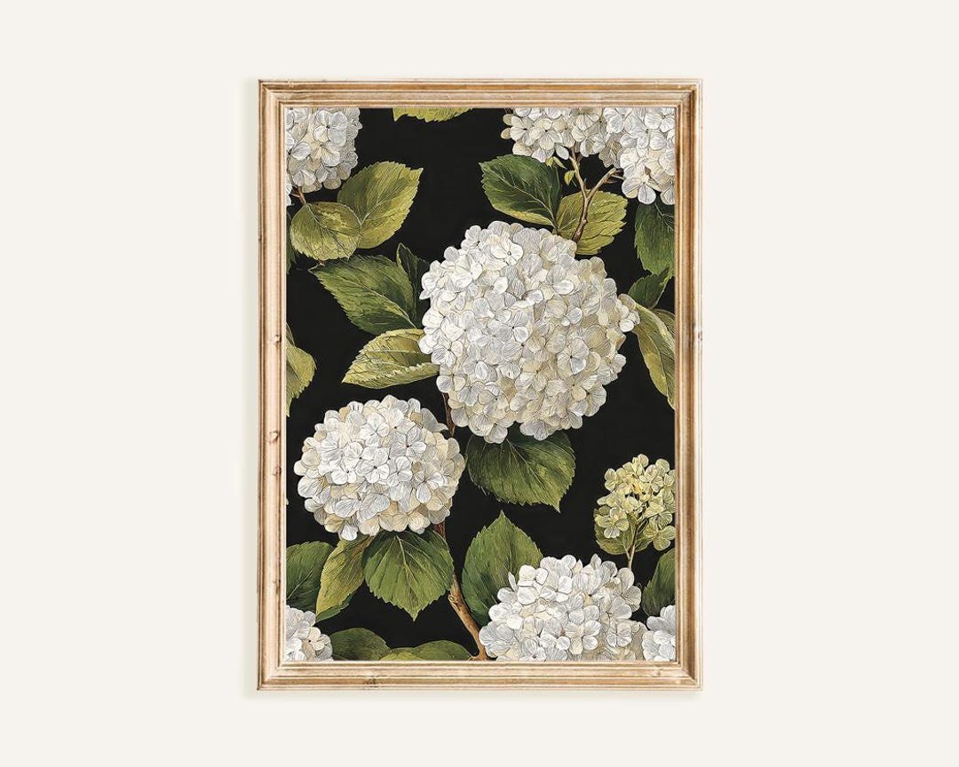 White Hydrangeas Wall Art Print, Floral Painting, Dark Botanical Decor ...