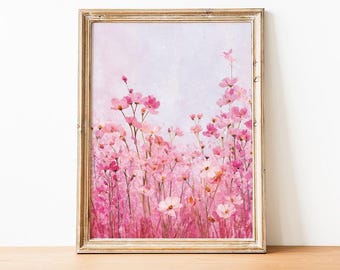 Pink Wildflowers Wall Art Print, Modern Floral Watercolor Painting, Pastel Pink Flowers Art