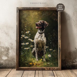 Utskrivbar blommig tysk korthårig pekare väggkonsttryck, vintagepresent till GSP hundmamma, stämningsfull jakthundmålning, digital nedladdning